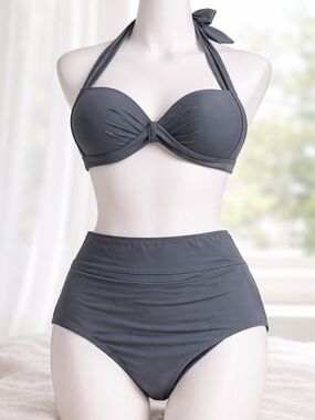 High Waisted Bikini Set 3PC Gray Swimsuit Cover Up Size Large